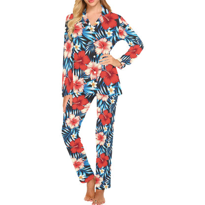 Red Hibiscus Blue Scene Women's Long Pajama Set