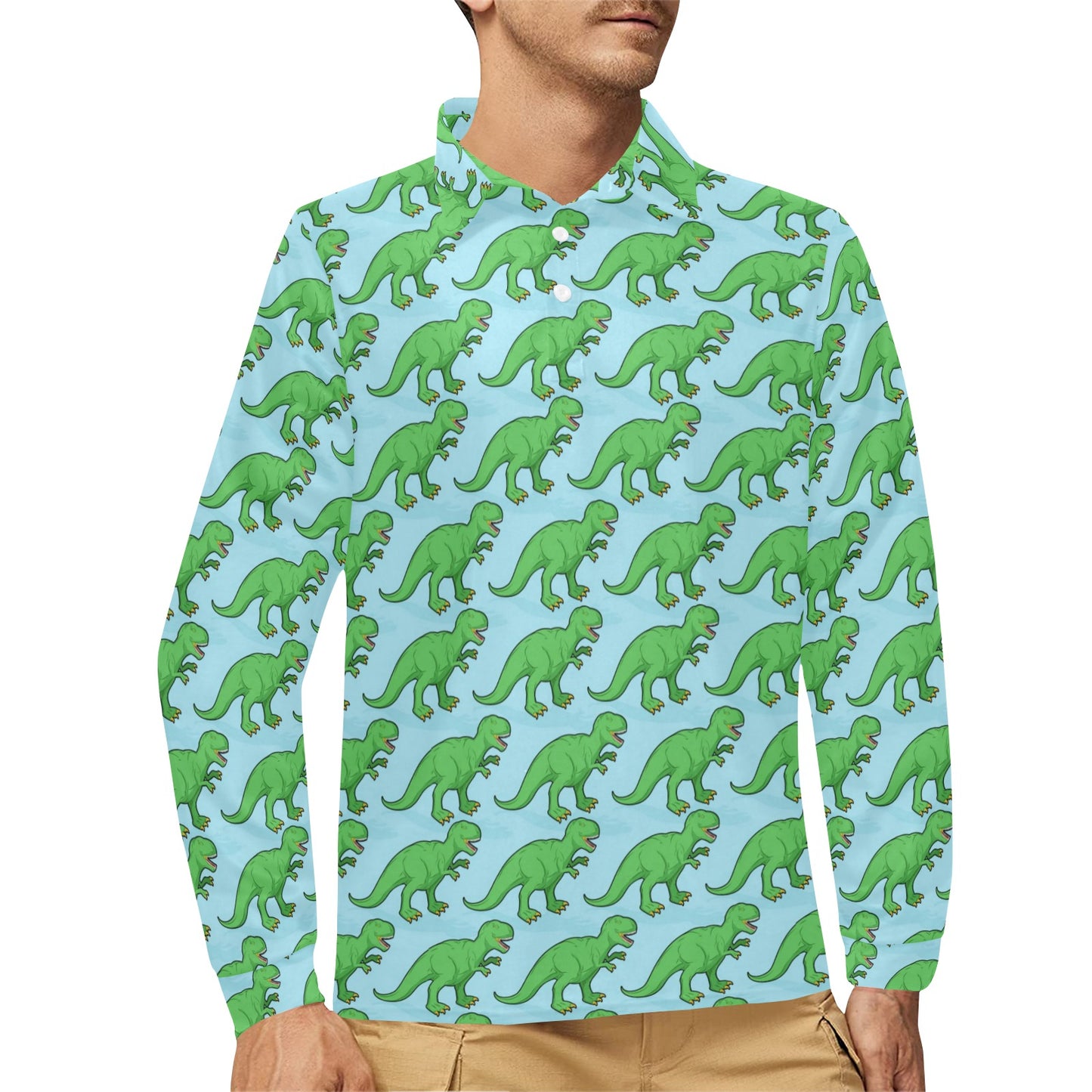 T Rex Pattern Print Design A01 Long Sleeve Polo Shirt For Men's
