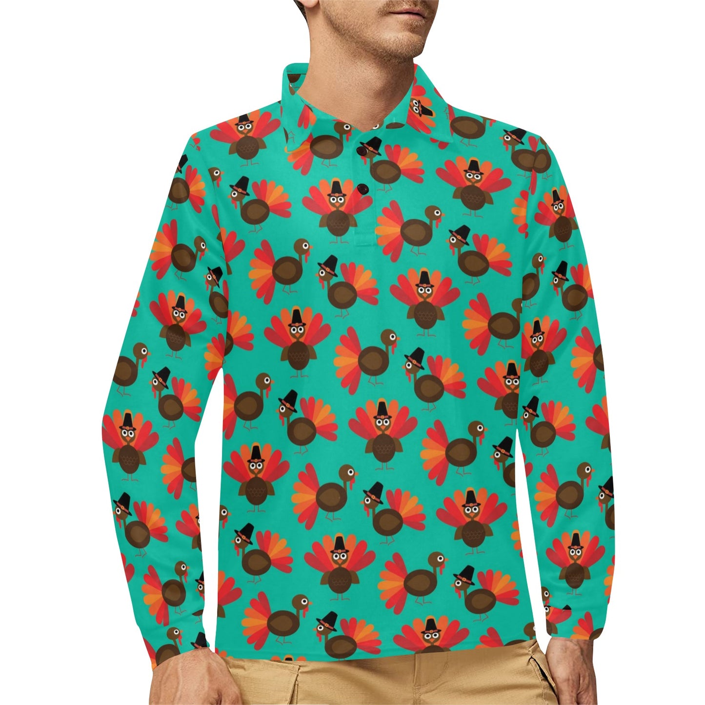 Turkey Print Design LKS402 Long Sleeve Polo Shirt For Men's