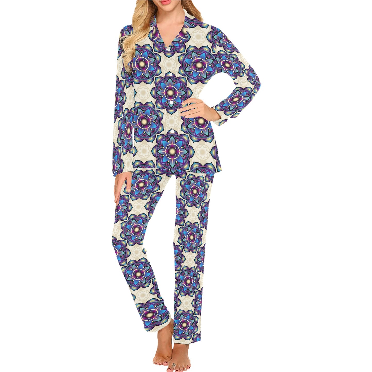lotus Boho Pattern Print Design LO08 Women's Long Pajama Set