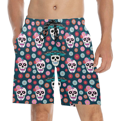 Sugar Skull Print Design LKS308 Men's Swim Trunks Beach Shorts