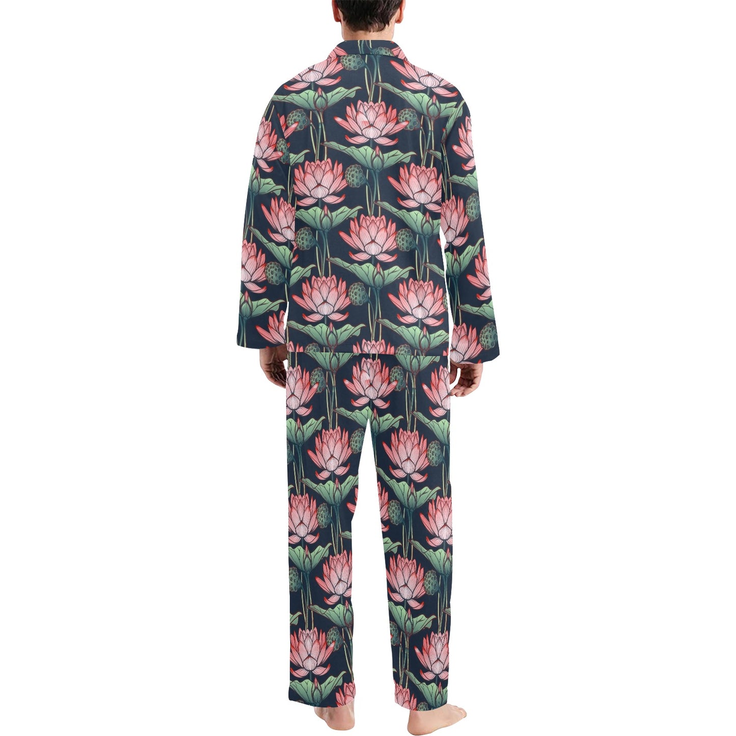 Water Lily Pattern Print Design WL03 Men's Long Pajama Set