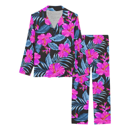 Neon Pink Hibiscus Pattern Print Design HB015 Women's Long Pajama Set