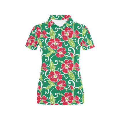 Red Hibiscus Pattern Print Design HB019 Women's Polo Shirt