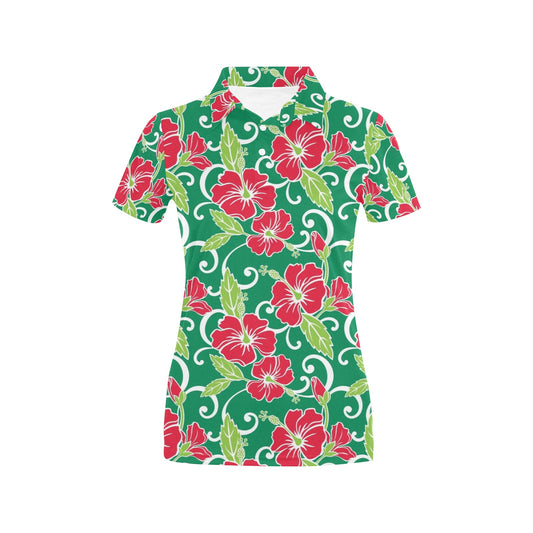 Red Hibiscus Pattern Print Design HB019 Women's Polo Shirt