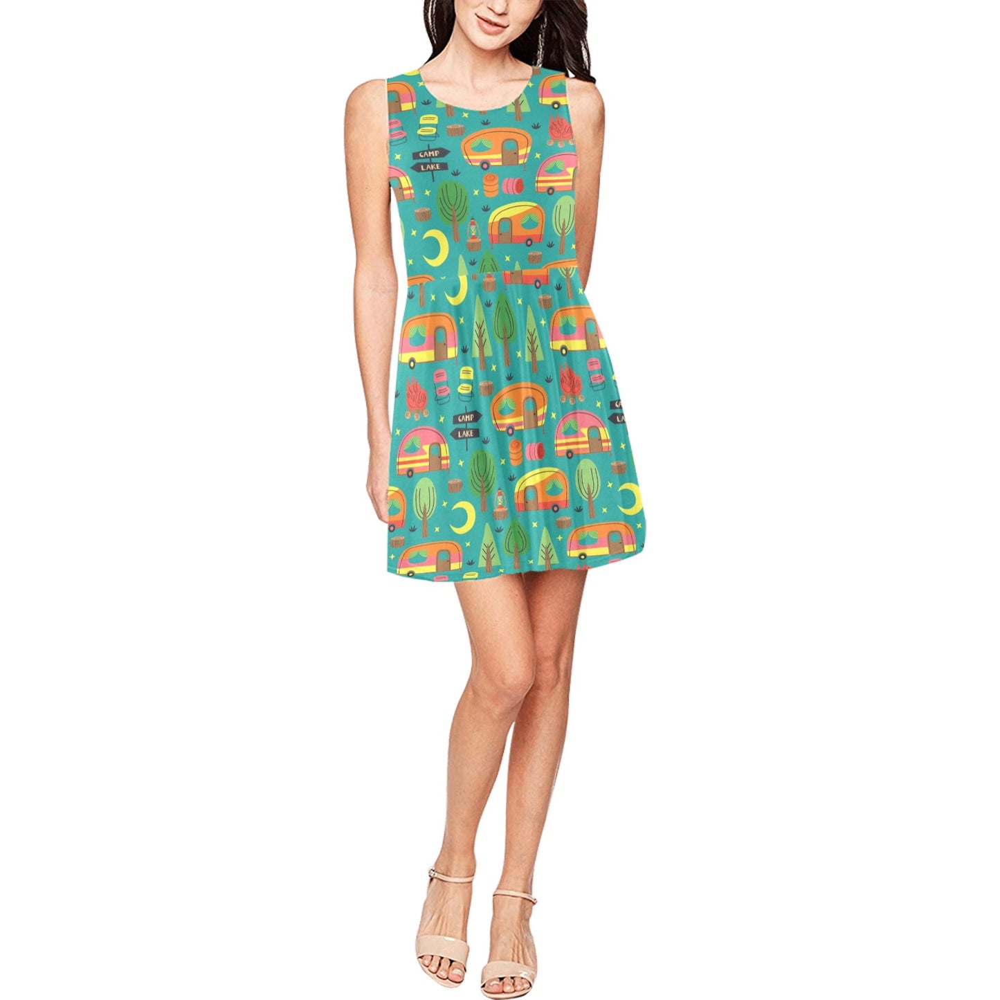 Camping Camper Pattern Print Design 05 Sleeveless Dress