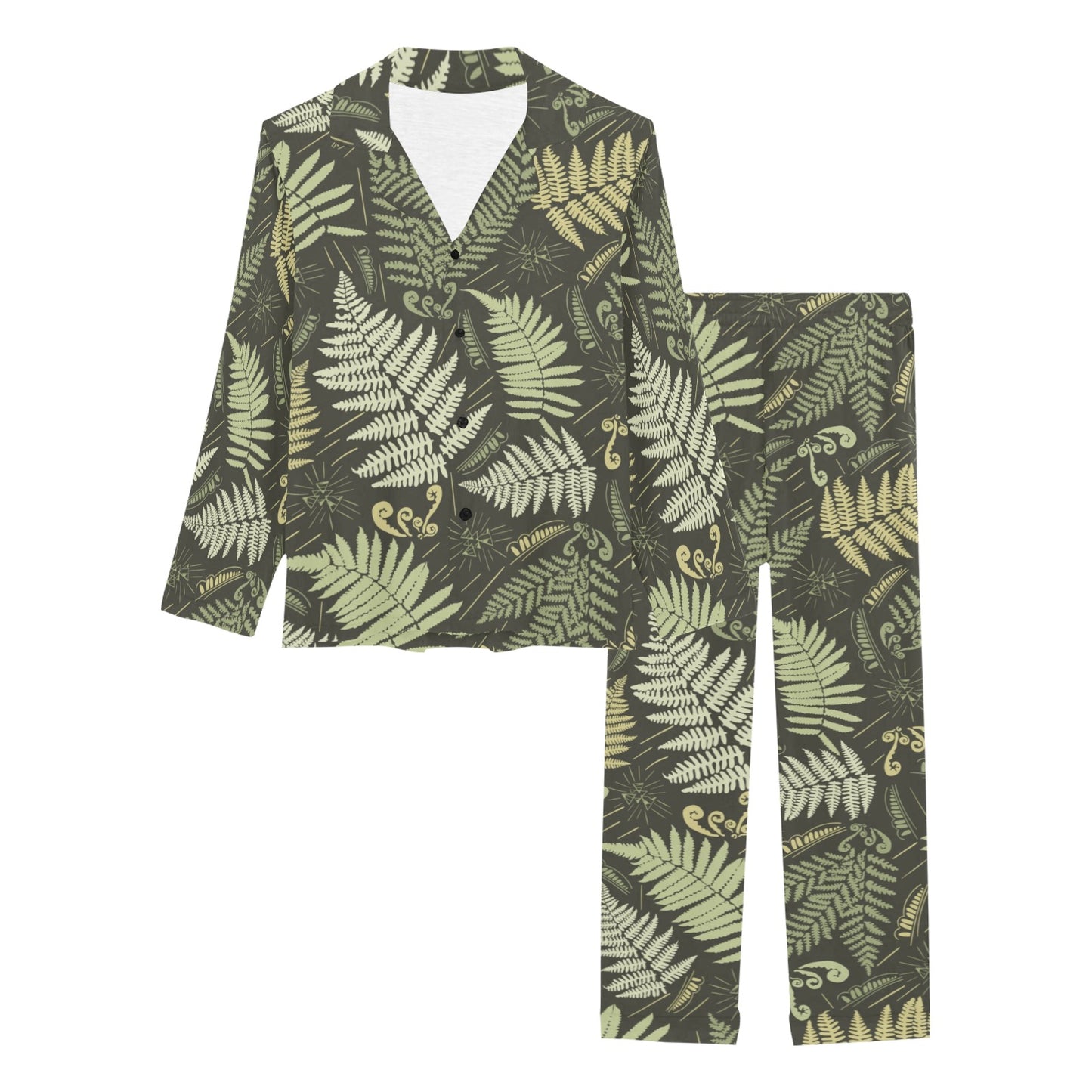 Fern Leave Green Print Pattern Women's Long Pajama Set