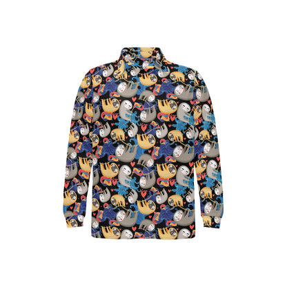 Sloth Cartoon Design Themed Print Long Sleeve Polo Shirt For Men's