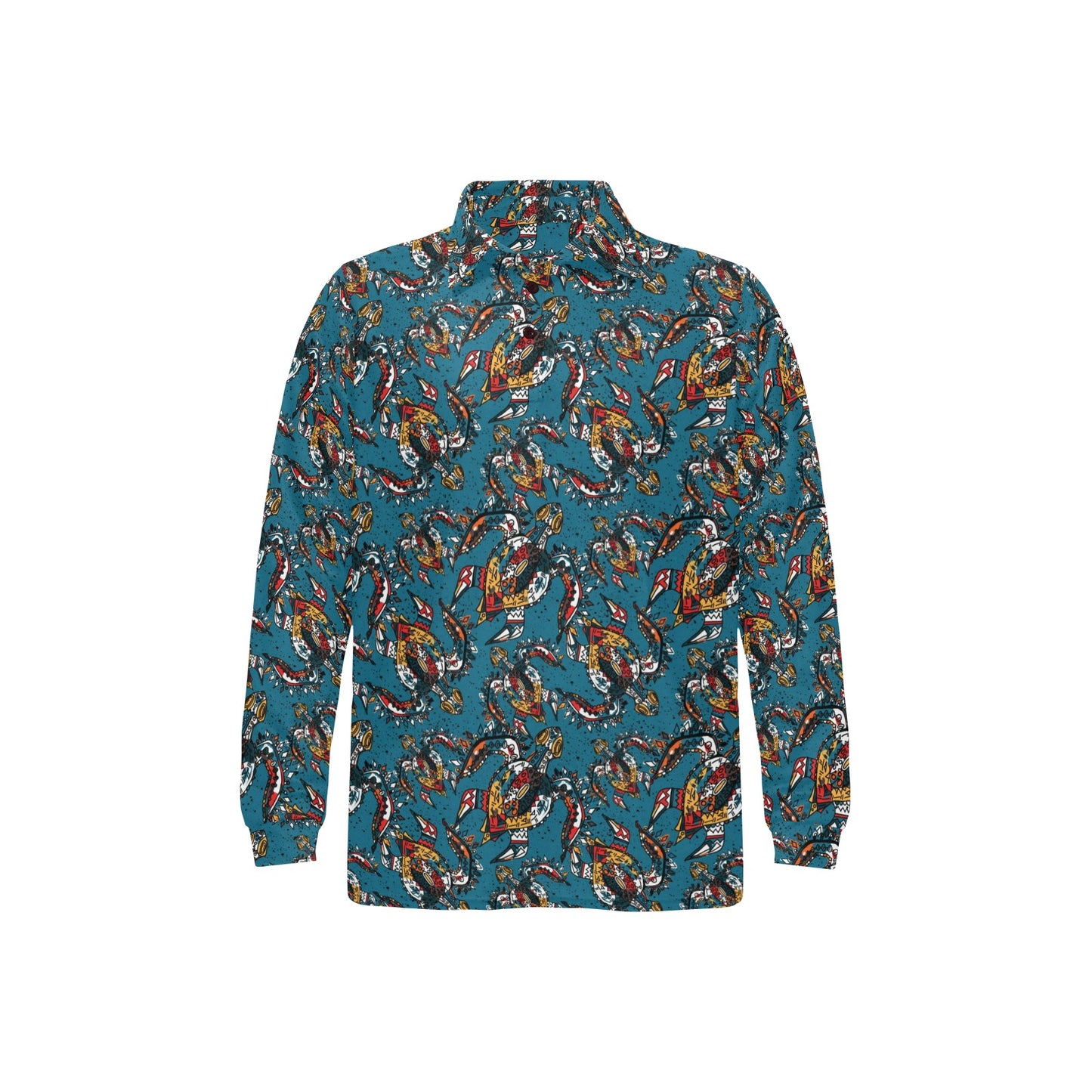 Sea Turtle Tribal Colorful Hand Drawn Long Sleeve Polo Shirt For Men's