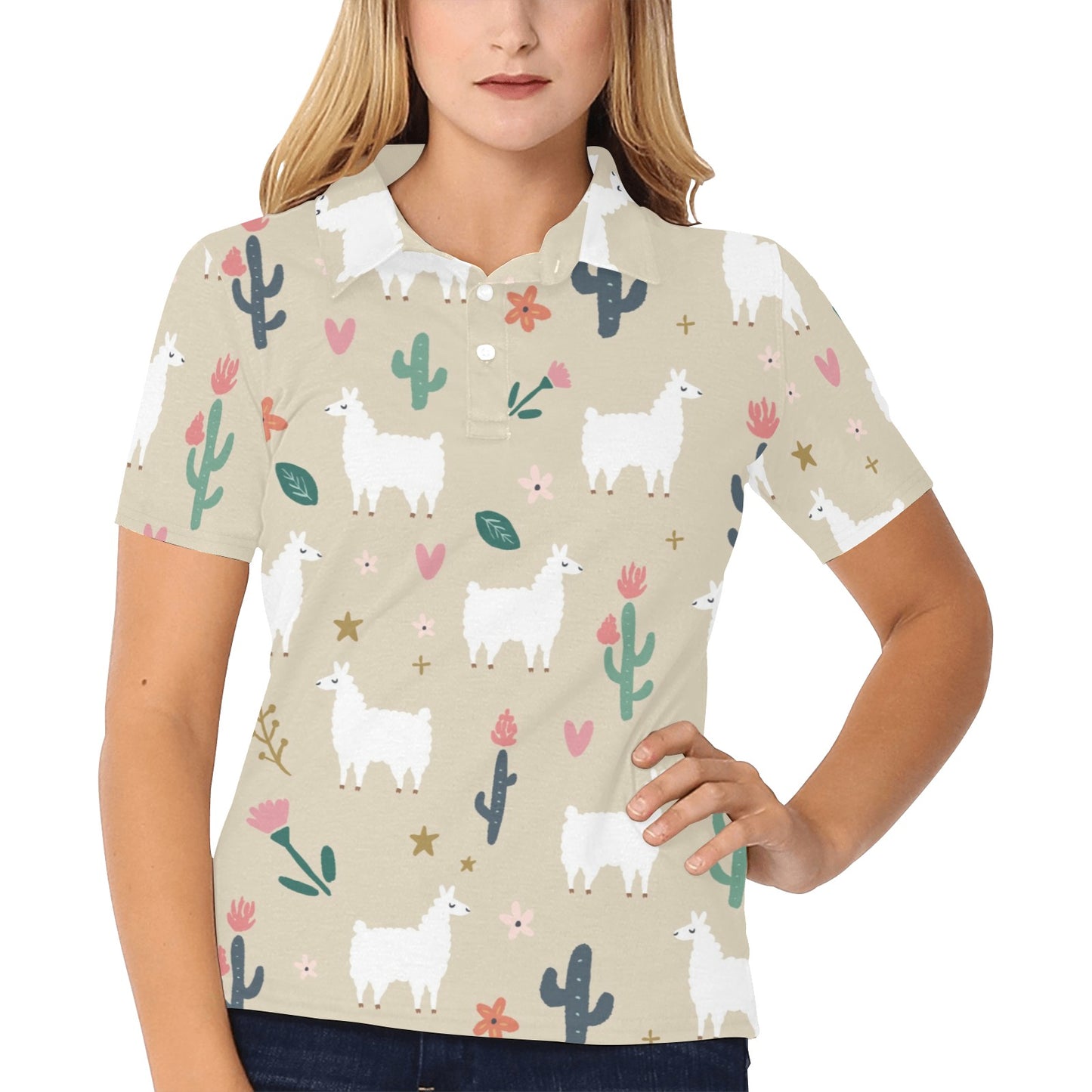 Llama Cactus Pattern Print Design 09 Women's Polo Shirt