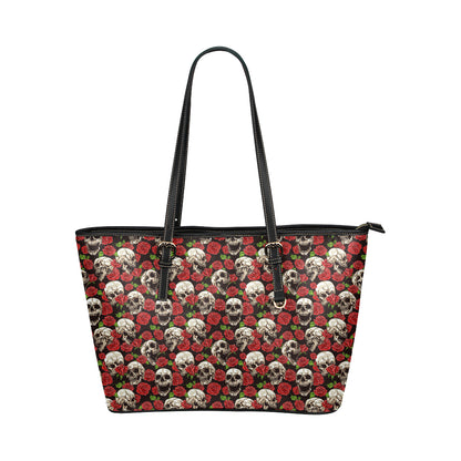 Skull Roses Design Themed Print Leather Tote Bag