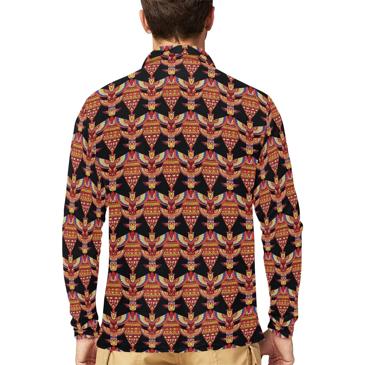 Totem Pole Print Long Sleeve Polo Shirt For Men's