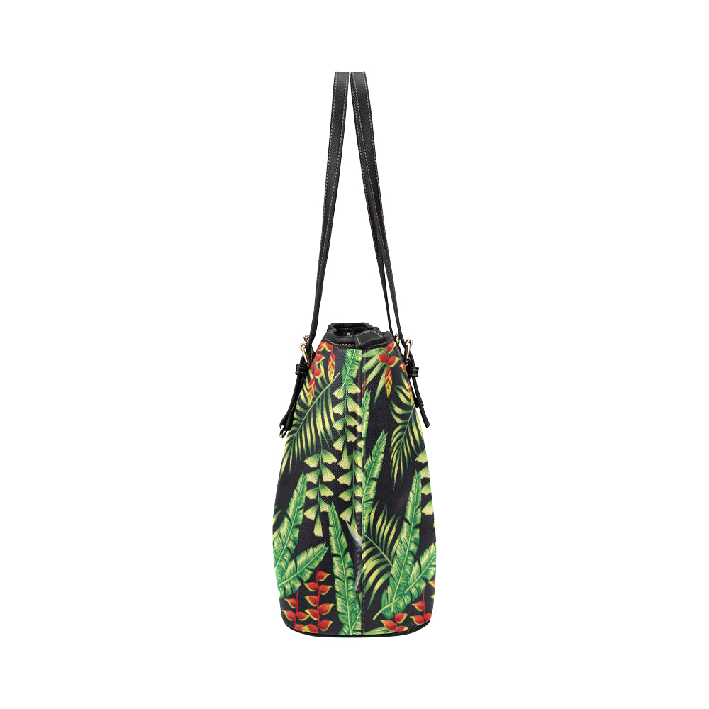 Hawaiian Flower Tropical Palm Leaves Leather Tote Bag