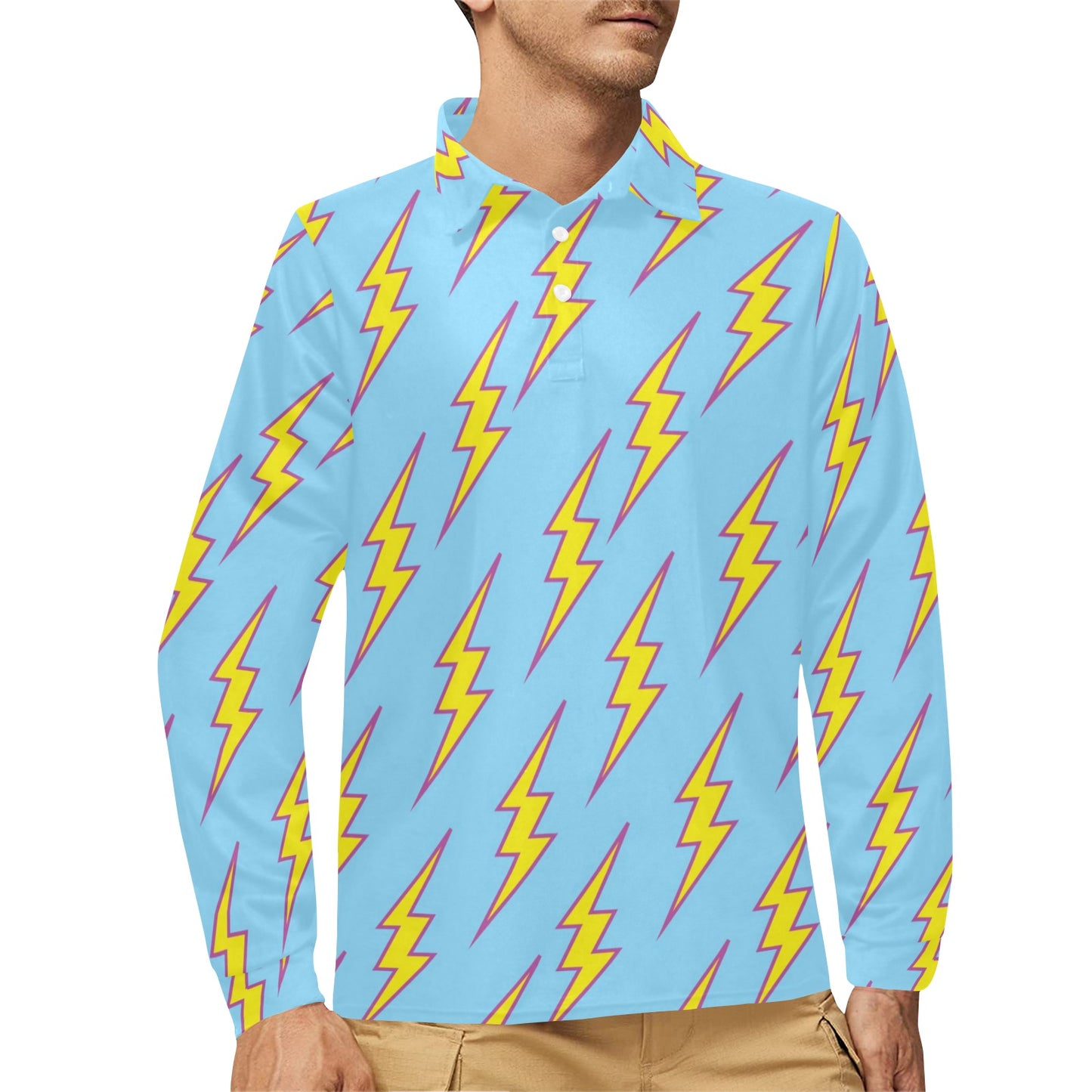 Lightning Thunder Pattern Print Design 02 Long Sleeve Polo Shirt For Men's