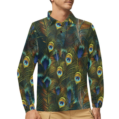 Peacock Feather Pattern Print Design A03 Long Sleeve Polo Shirt For Men's