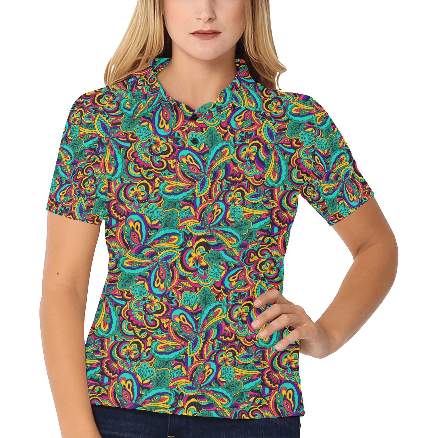 Psychedelic Trippy Floral Design Women's Polo Shirt