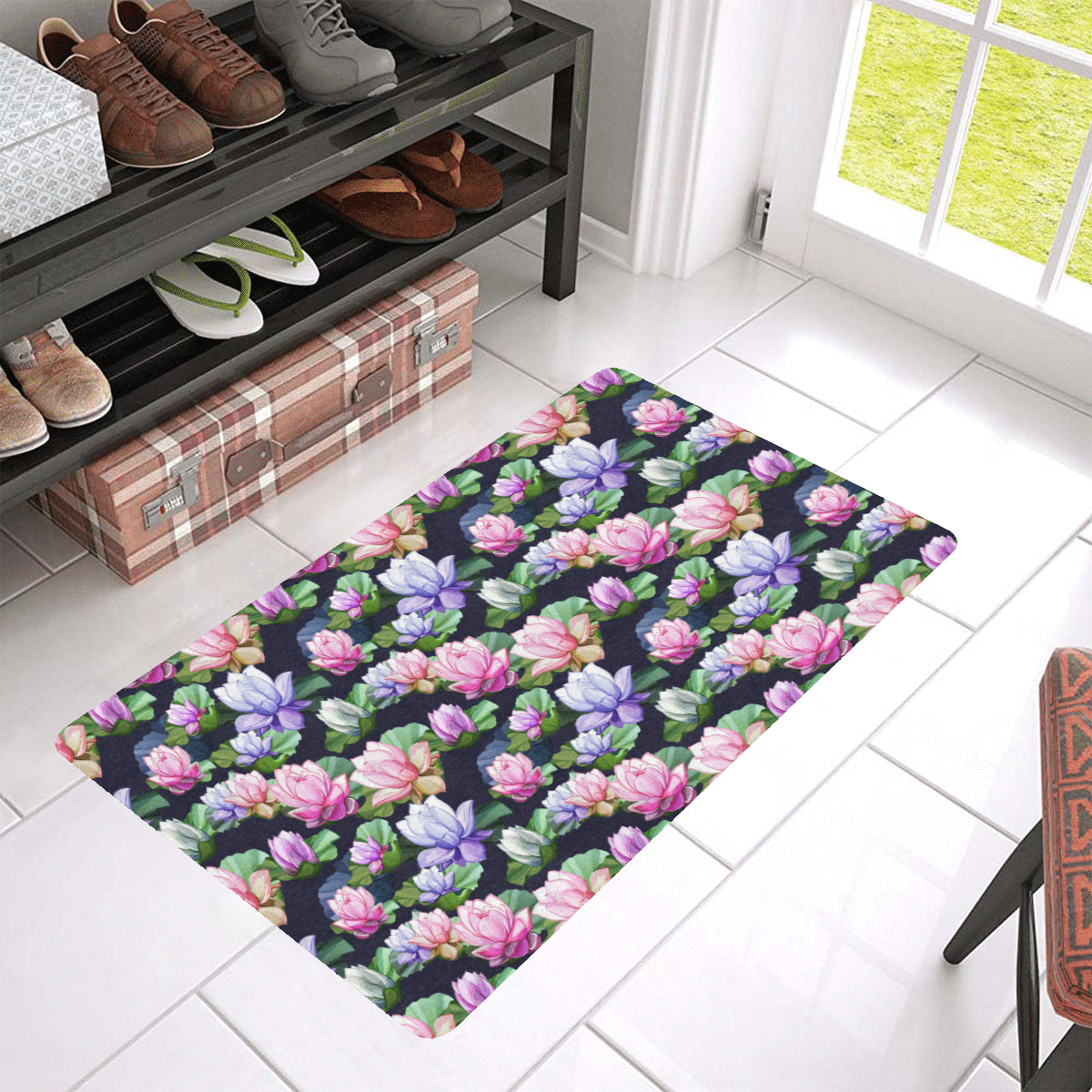 Lotus Flower Print Design Rubber Doormat