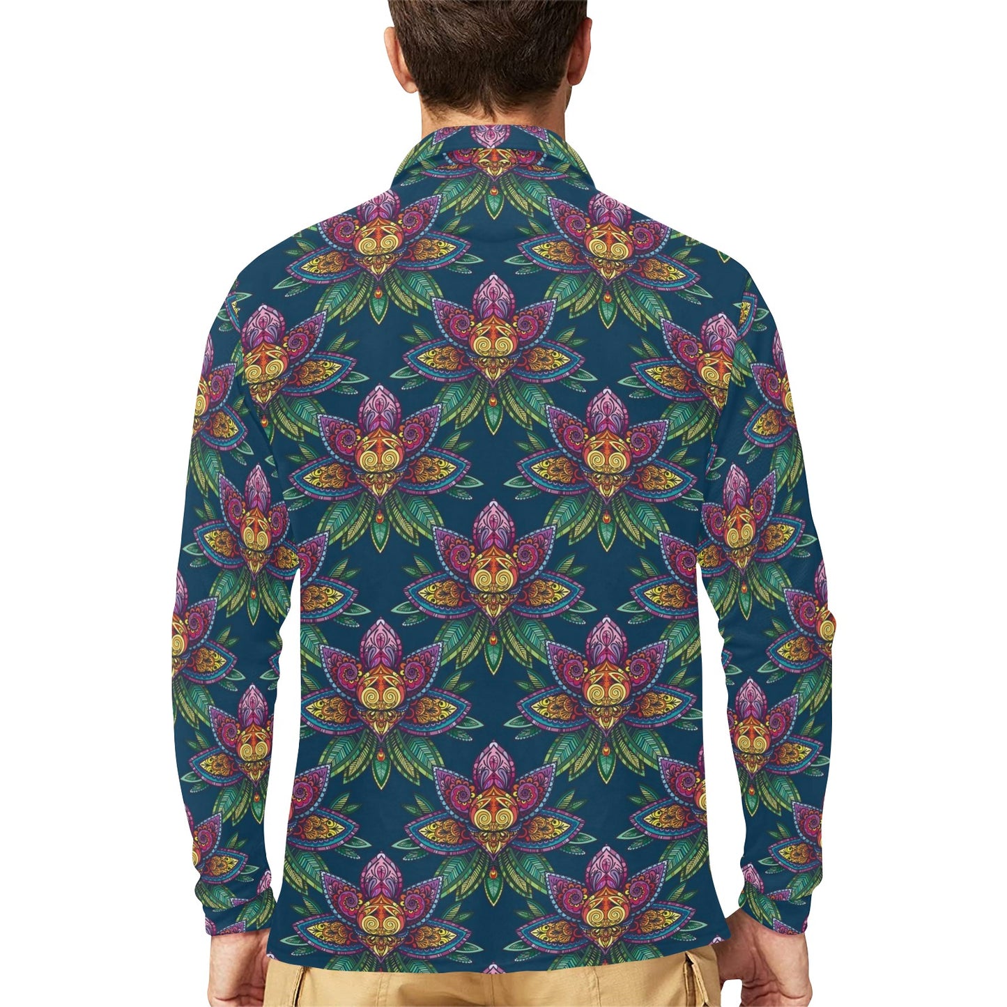 lotus Boho Pattern Print Design LO04 Long Sleeve Polo Shirt For Men's