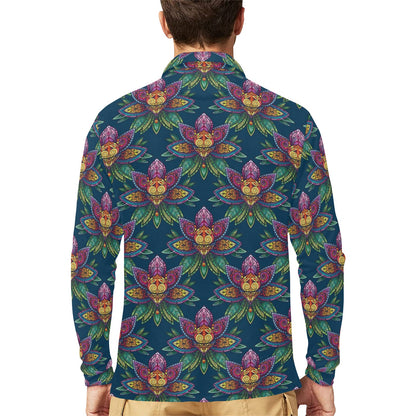 lotus Boho Pattern Print Design LO04 Long Sleeve Polo Shirt For Men's