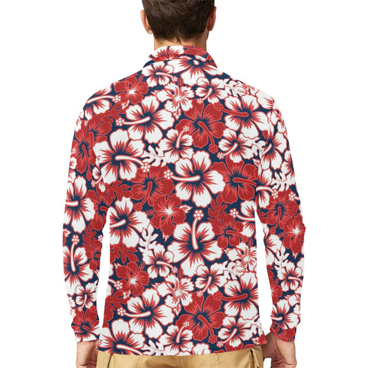 Red Hibiscus Pattern Print Design HB01 Long Sleeve Polo Shirt For Men's