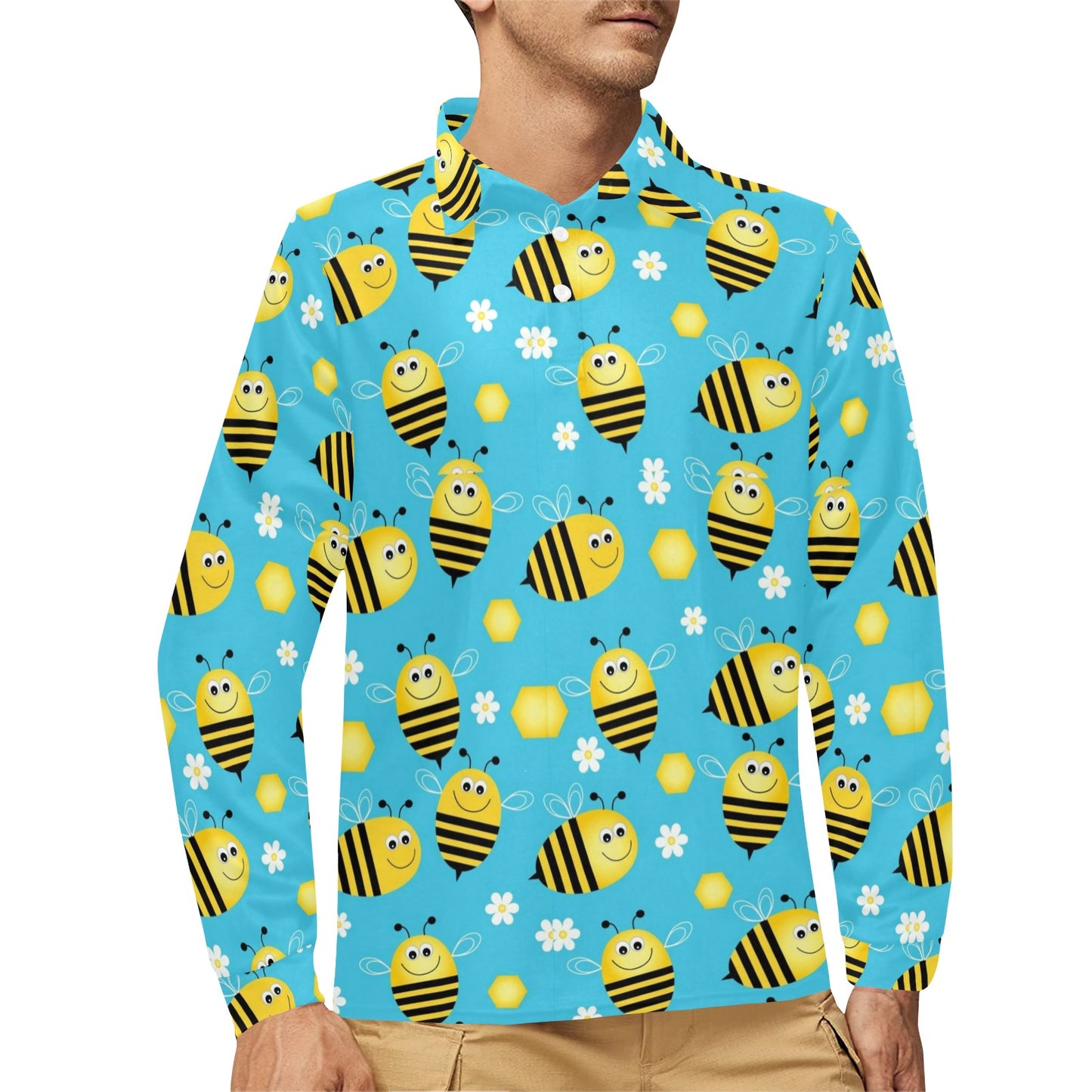 Bee Pattern Print Design BEE06 Long Sleeve Polo Shirt For Men's