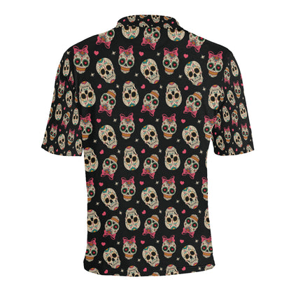 Sugar Skull Pink Bow Themed Print Men Polo Shirt