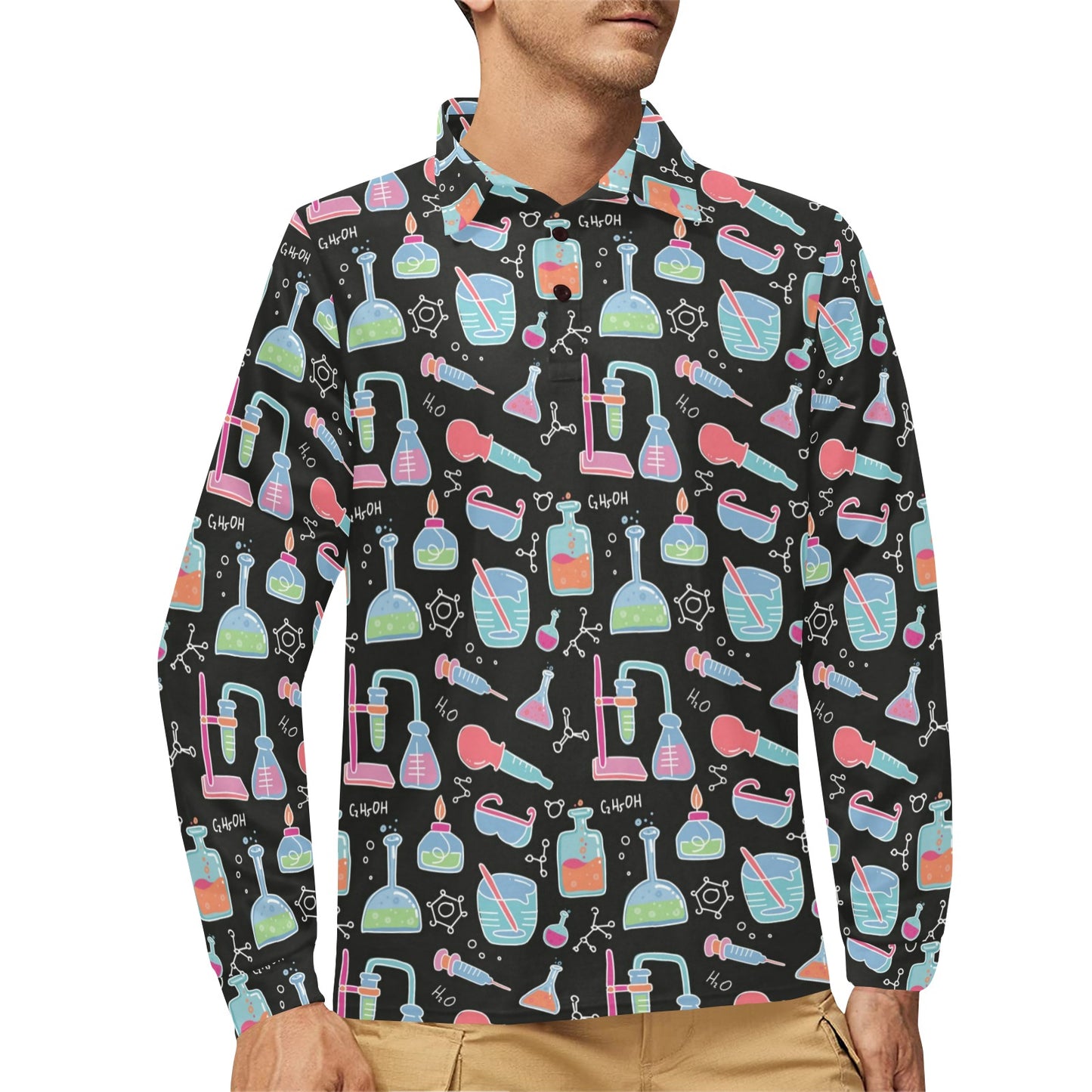 Chemical Pattern Print Design 06 Long Sleeve Polo Shirt For Men's