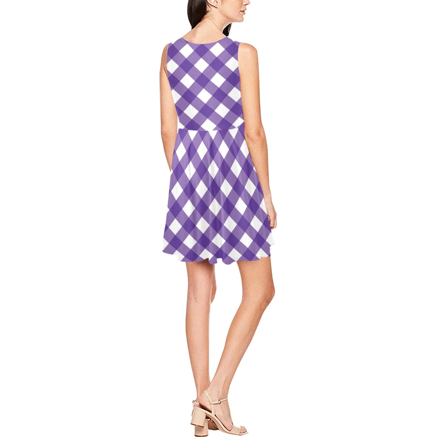 Gingham Purple Pattern Print Design 03 Sleeveless Dress