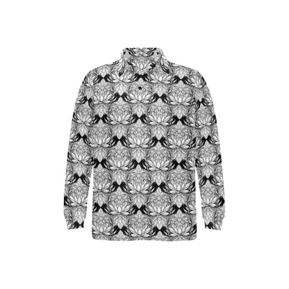 Lotus Mandala Print Pattern Long Sleeve Polo Shirt For Men's
