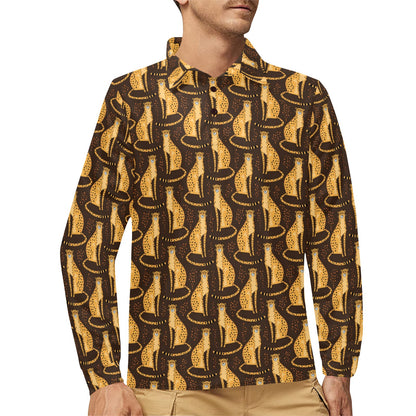 Cheetah Pattern Print Design 03 Long Sleeve Polo Shirt For Men's