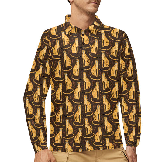 Cheetah Pattern Print Design 03 Long Sleeve Polo Shirt For Men's