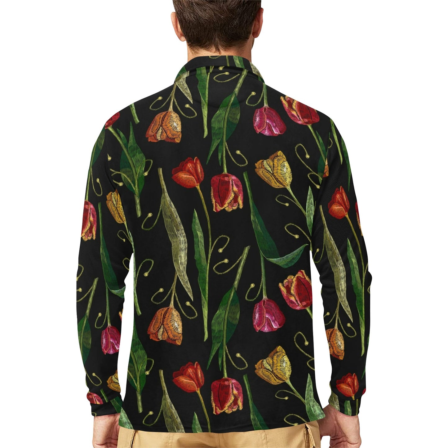 Tulip Embroidered Pattern Print Design TP01 Long Sleeve Polo Shirt For Men's