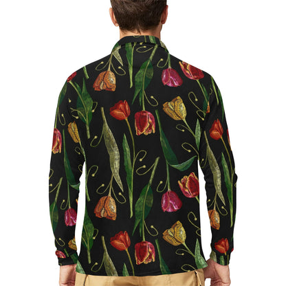 Tulip Embroidered Pattern Print Design TP01 Long Sleeve Polo Shirt For Men's