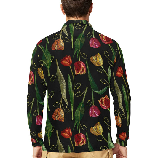 Tulip Embroidered Pattern Print Design TP01 Long Sleeve Polo Shirt For Men's