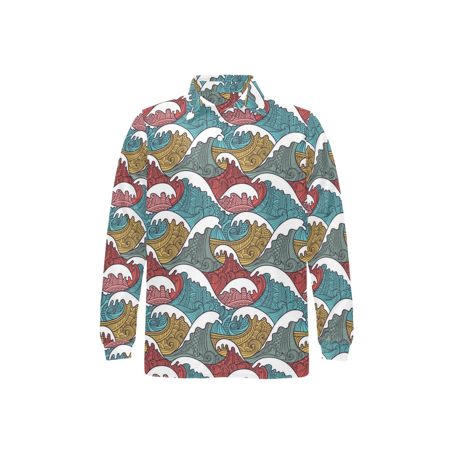 Tribal Wave Pattern Print Long Sleeve Polo Shirt For Men's