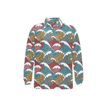 Tribal Wave Pattern Print Long Sleeve Polo Shirt For Men's