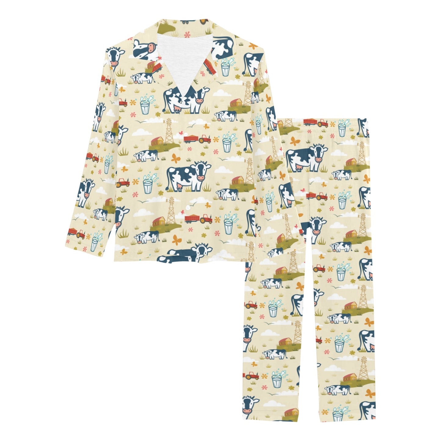Cow Farm Design Print Women's Long Pajama Set