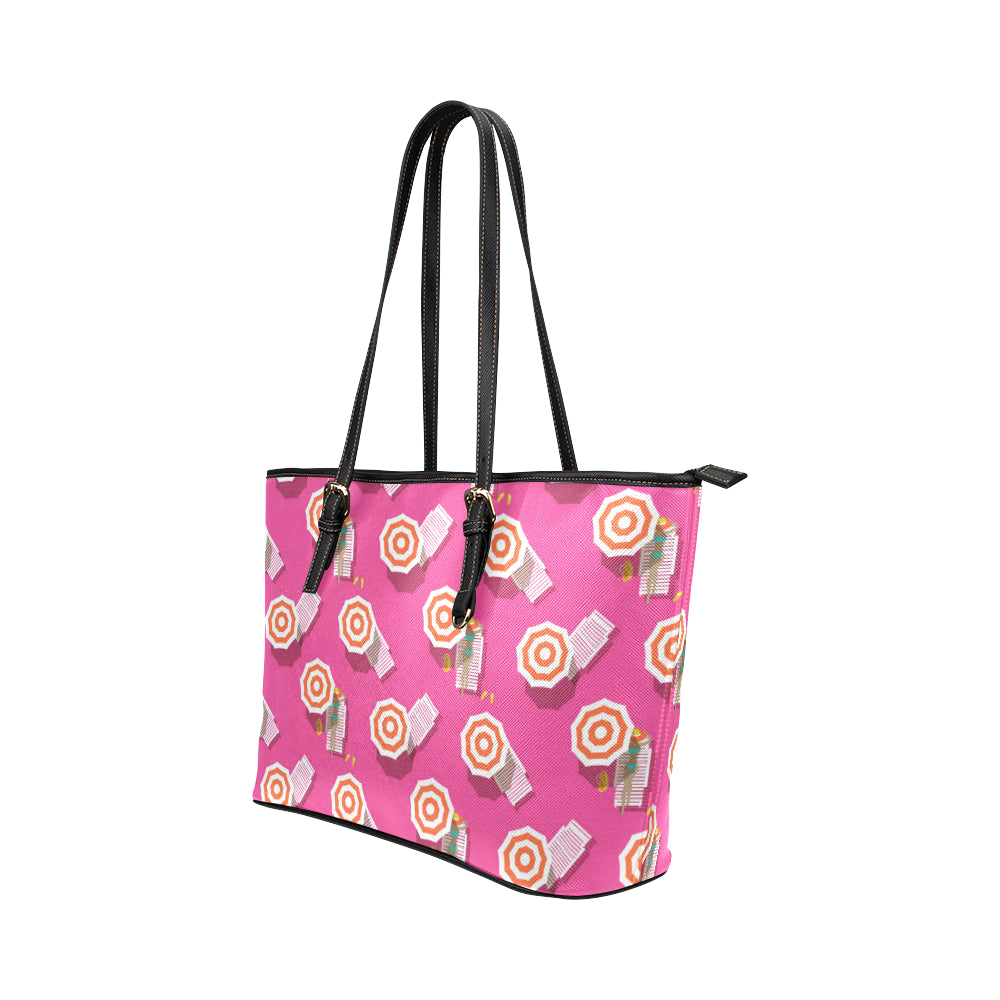 Beach Top View Umbrella Theme Leather Tote Bag