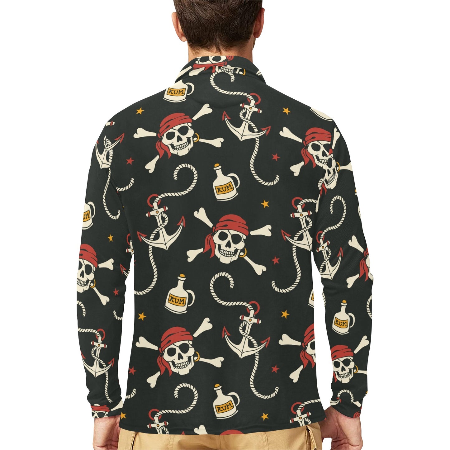 Pirate Pattern Print Design A02 Long Sleeve Polo Shirt For Men's