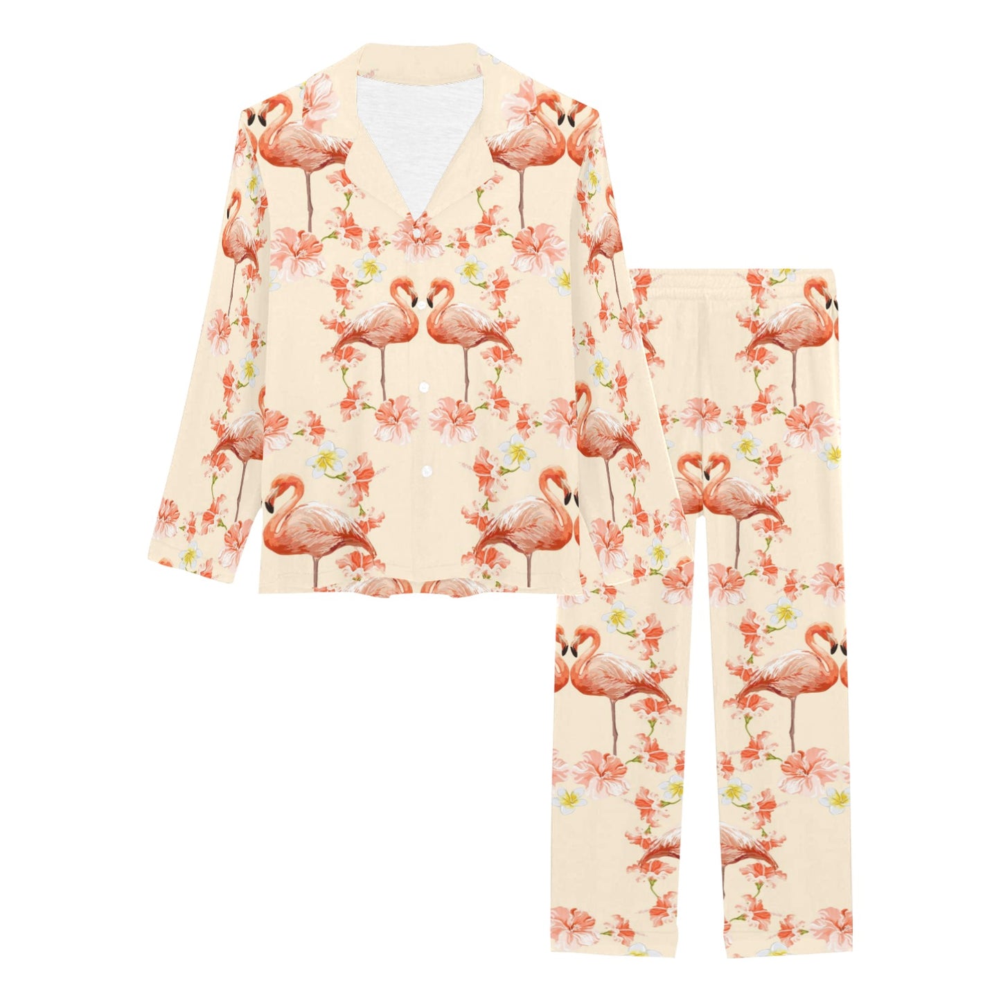 Flamingo Hibiscus Print Pattern Women's Long Pajama Set