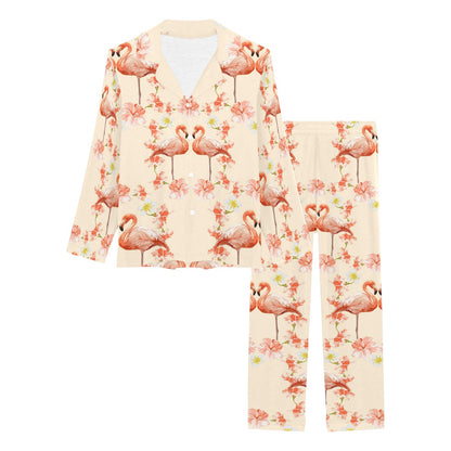 Flamingo Hibiscus Print Pattern Women's Long Pajama Set