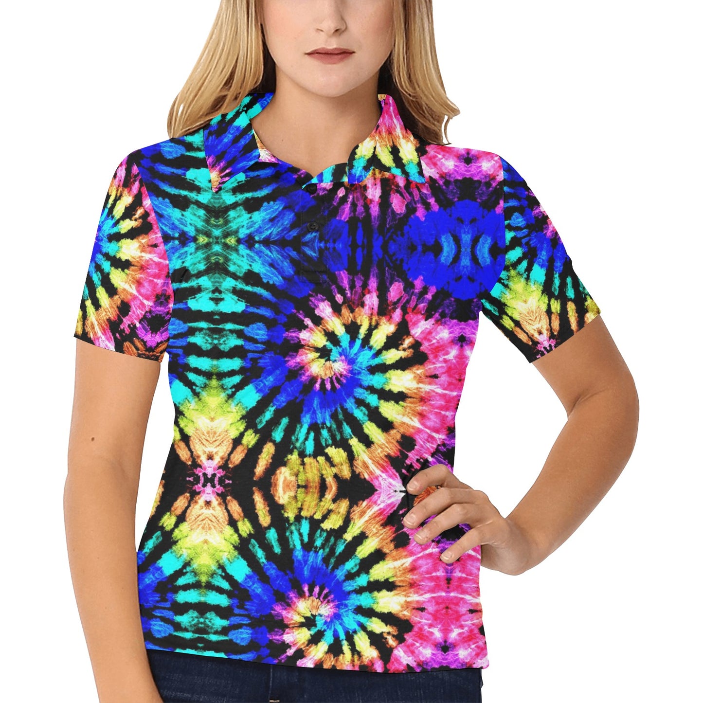 Tie Dye Rainbow Design Print Women's Polo Shirt