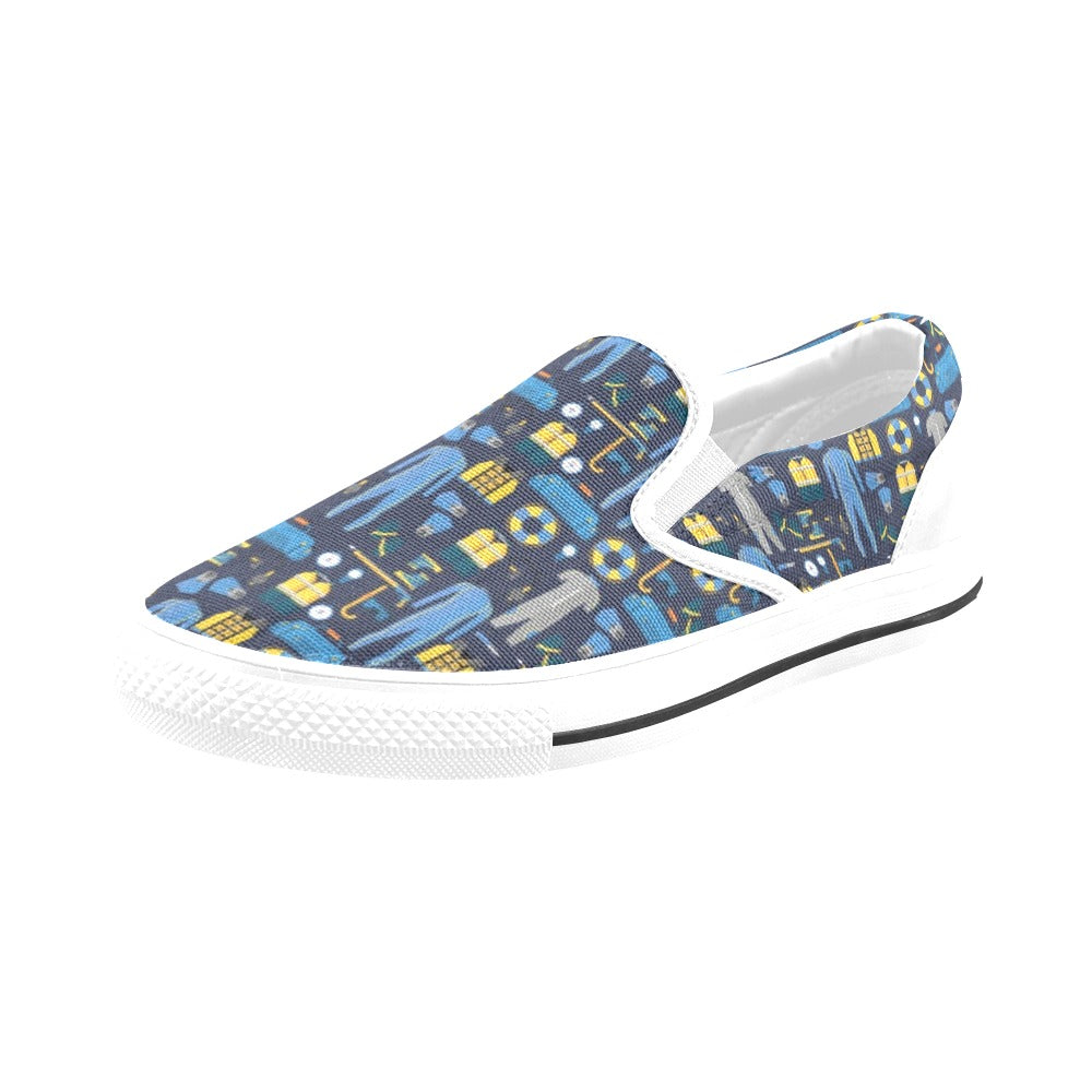 Scuba Equipment Print Design LKS305 White Slip Ons Canvas Women's Shoes