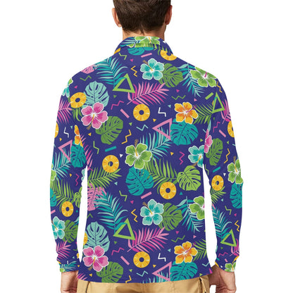 Hawaiian Themed Pattern Print Design H014 Long Sleeve Polo Shirt For Men's