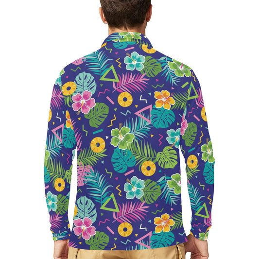 Hawaiian Themed Pattern Print Design H014 Long Sleeve Polo Shirt For Men's