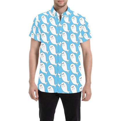 Sea Lion Print Design LKS402 Men Short Sleeve Button Up Shirt