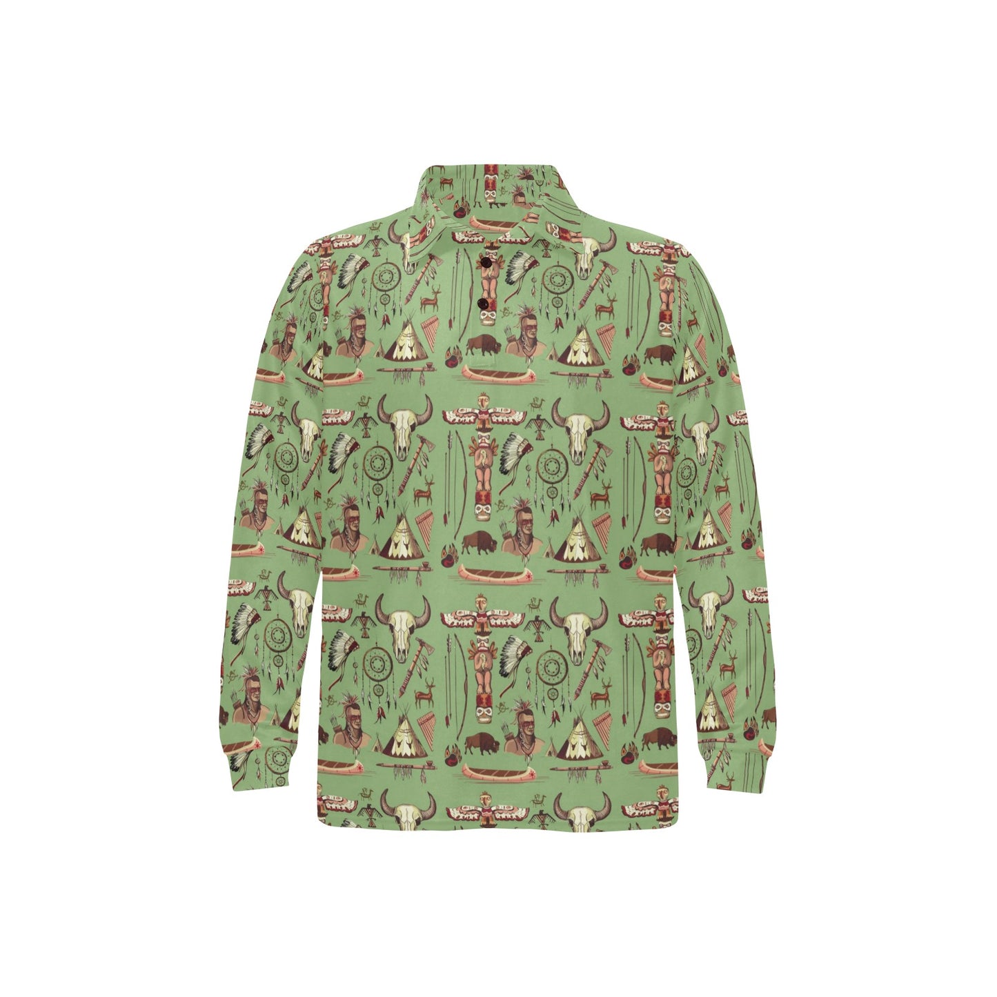 Native Indian Themed Design Print Long Sleeve Polo Shirt For Men's