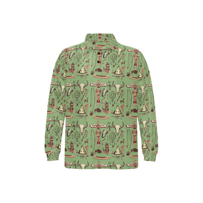 Native Indian Themed Design Print Long Sleeve Polo Shirt For Men's