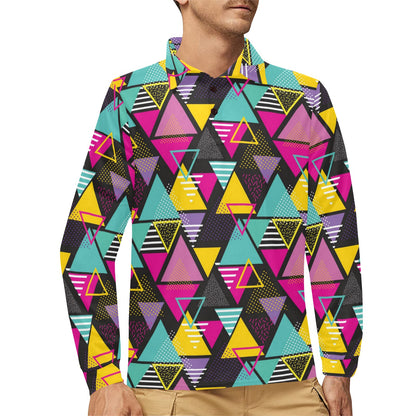 Geometric Colorful Pattern Print Design 02 Long Sleeve Polo Shirt For Men's