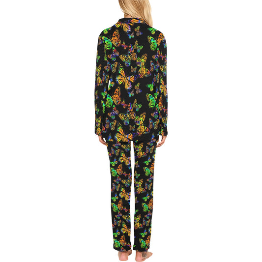 Butterfly Neon Color Print Pattern Women's Long Pajama Set